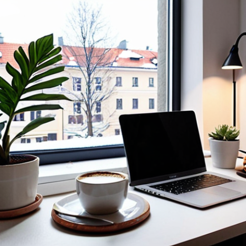 **Prompt:** A cozy, brightly lit home office setup in a Stockholm apartment. A young professional sits at a clean desk, focused on a laptop. A cup of Swedish "fika" (coffee and a small pastry) sits nearby. Plants decorate the workspace, and the window shows a glimpse of a snowy winter scene. This image should evoke feelings of productivity and the balance of "lagom" (not too much, not too little).