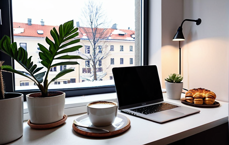 **Prompt:** A cozy, brightly lit home office setup in a Stockholm apartment. A young professional sits at a clean desk, focused on a laptop. A cup of Swedish "fika" (coffee and a small pastry) sits nearby. Plants decorate the workspace, and the window shows a glimpse of a snowy winter scene. This image should evoke feelings of productivity and the balance of "lagom" (not too much, not too little).