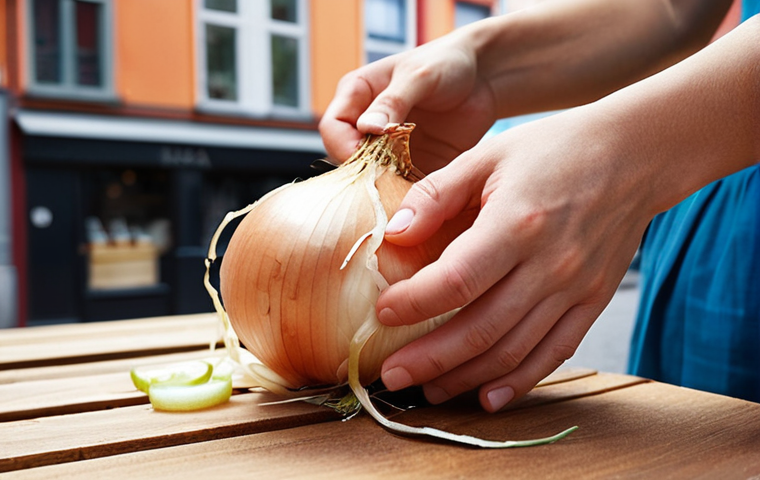 **Anthropology deconstructing everyday life:** A close-up photograph of a hand carefully peeling away layers from an onion, each layer revealing a different cultural symbol (e.g., a traditional Swedish Midsummer wreath, IKEA furniture, a package of Kalles Kaviar). The background is a blurred image of a bustling Swedish city street. The overall tone is inquisitive and insightful.